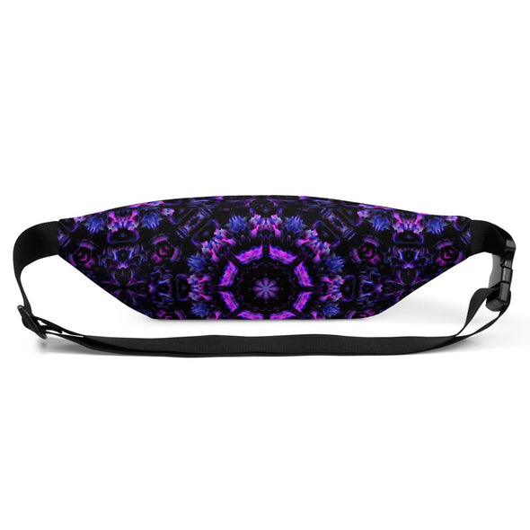 Product Photograph of a Bleace MetaParty Vibes Kaleidoscopic purple, blue, and pink, Trippy Visual fanny pack in the foreground with a white background.