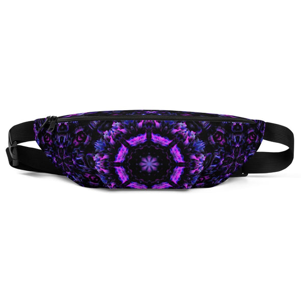 Product Photograph of a Bleace MetaParty Vibes Kaleidoscopic purple, blue, and pink, Trippy Visual fanny pack in the foreground with a white background.