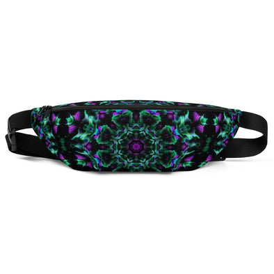 Product Photograph of a Bleace MetaParty Vibes Kaleidoscopic green and pink fanny pack in the foreground with a white background.