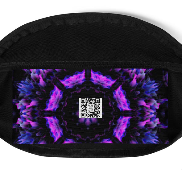 Product Photograph of a Bleace MetaParty Vibes Kaleidoscopic purple, blue, and pink, Trippy Visual fanny pack in the foreground with a white background.