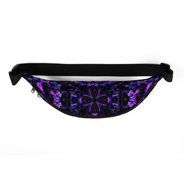 Product Photograph of a Bleace MetaParty Vibes Kaleidoscopic purple, blue, and pink, Trippy Visual fanny pack in the foreground with a white background.