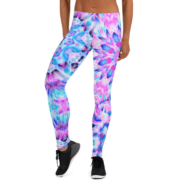 Photograph of a model wearing Bleace unisex MetaParty Vibes Kaleidoscopic pink, light blue, Trippy Visual leggings.  