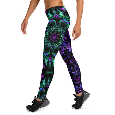 Product Photograph of a unisex Bleace MetaParty Vibes Kaleidoscopic purple, blue, pink, and green Trippy Visual leggings in the foreground with a white background.