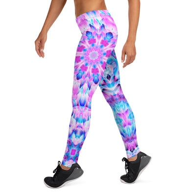 Photograph of a model wearing Bleace unisex MetaParty Vibes Kaleidoscopic pink, light blue, Trippy Visual leggings.  