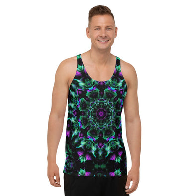 Product Photograph of a Bleace unisex MetaParty Vibes Kaleidoscopic green and pink tank top in the foreground with a white background. 