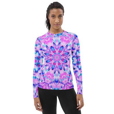 Product Photograph of a unisex Bleace MetaParty Vibes Kaleidoscopic blue, pink and white Trippy Visual yoga rash guard in the foreground with a white background.