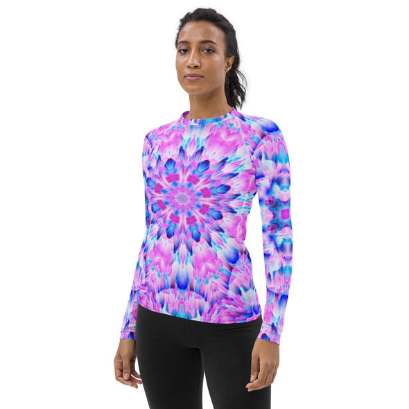 Product Photograph of a unisex Bleace MetaParty Vibes Kaleidoscopic blue, pink and white Trippy Visual yoga rash guard in the foreground with a white background.