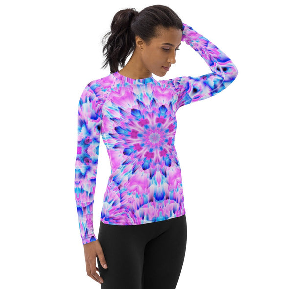 Product Photograph of a unisex Bleace MetaParty Vibes Kaleidoscopic blue, pink and white Trippy Visual yoga rash guard in the foreground with a white background.