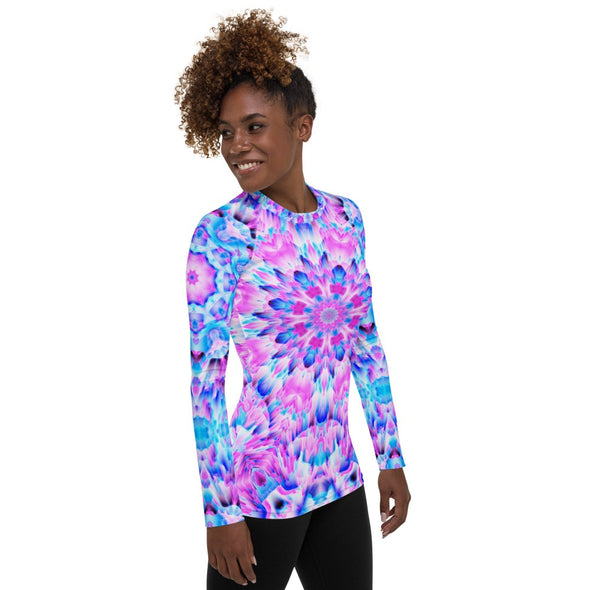 Photograph of a model wearing a unisex Bleace MetaParty Vibes Kaleidoscopic pink, light blue, Trippy Visual Rash guard shirt top.  