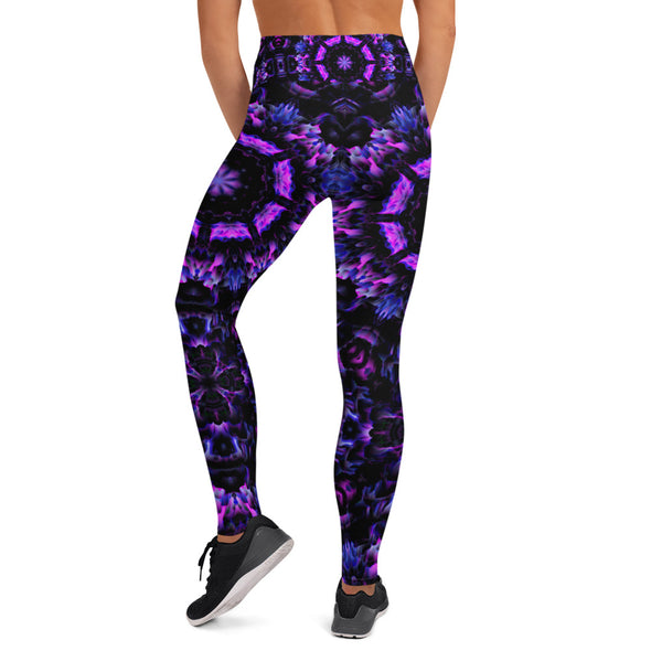 Photograph of a model wearing Bleace unisex MetaParty Vibes Kaleidoscopic purple, blue, and pink, Trippy Visual yoga leggings.  