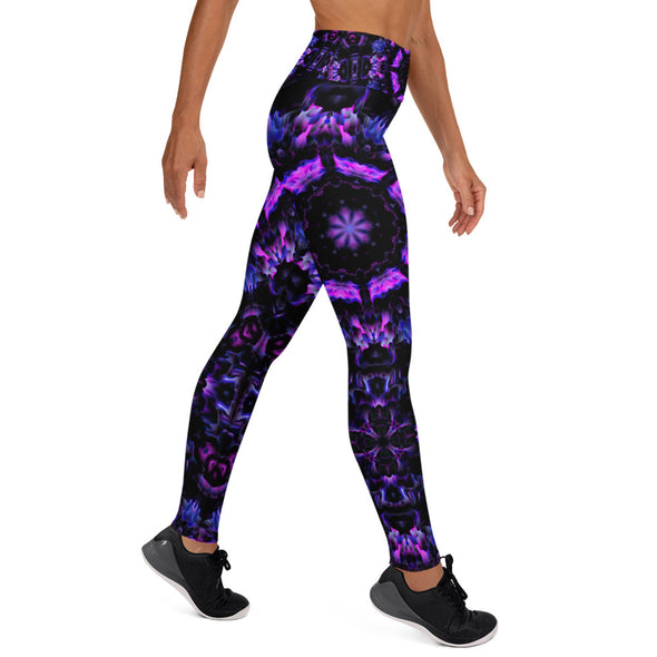 Photograph of a model wearing Bleace unisex MetaParty Vibes Kaleidoscopic purple, blue, and pink, Trippy Visual yoga leggings.  